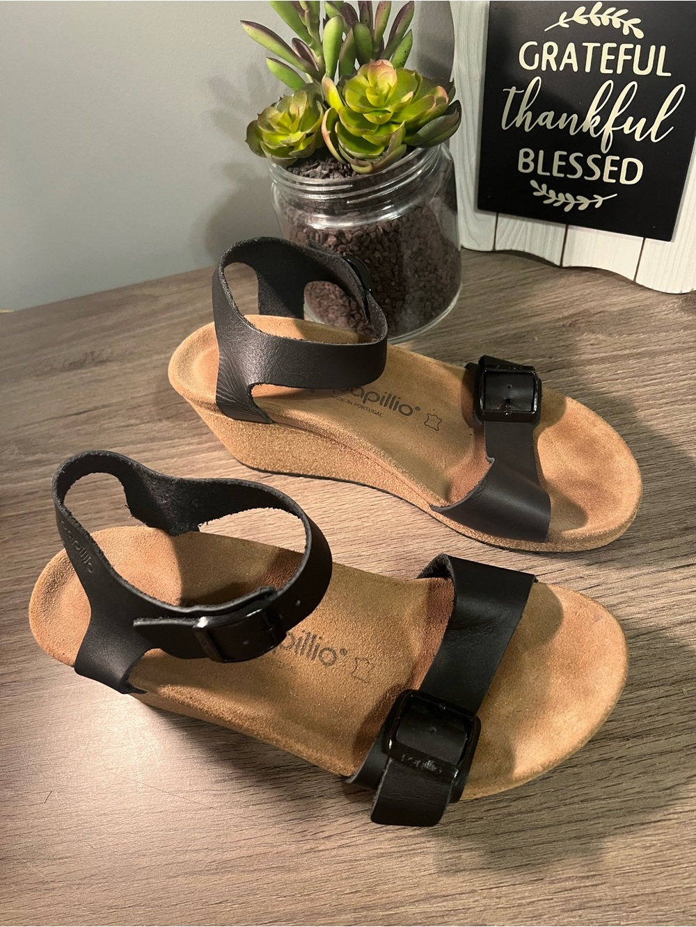 BIRKENSTOCK Papillio Black Leather Wedge Sandals with Buckles SIZE 39 - Picture 2 of 11